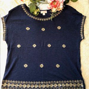 dressbarn Navy Blue Top with Gold Embroidery Beading